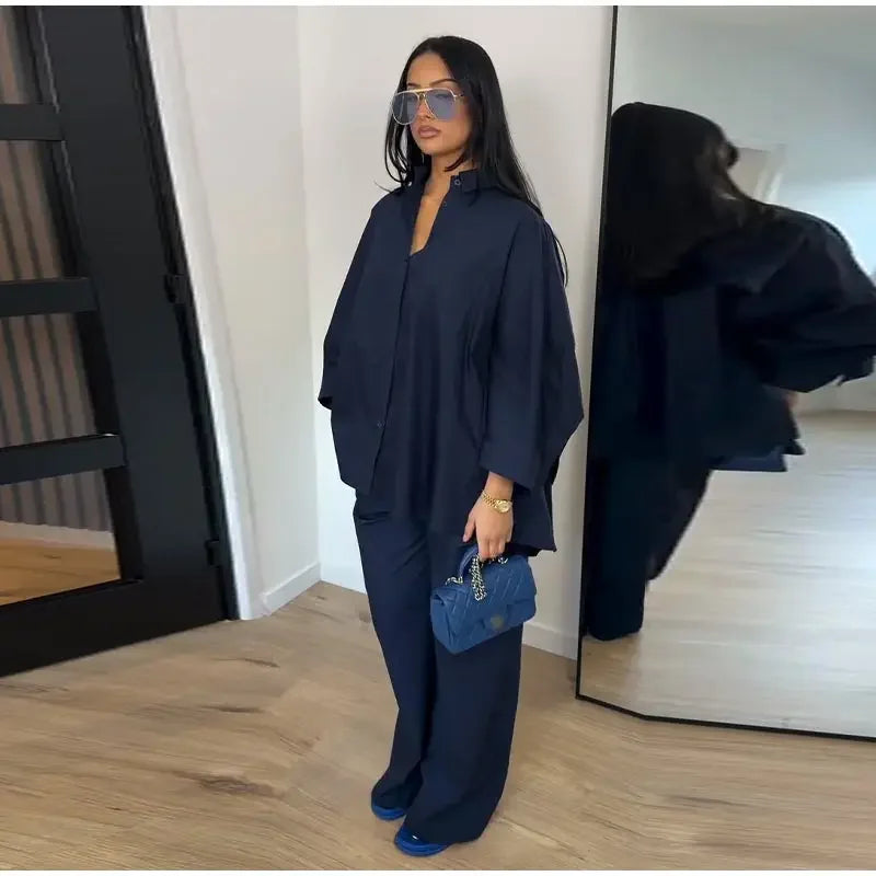 Women Solid Lapel Full Sleeves Pant Suits Chic Single Breasted Wide-leg Long Pants Sets 2026 Lady  Casual Daily Loose Fit Outfit