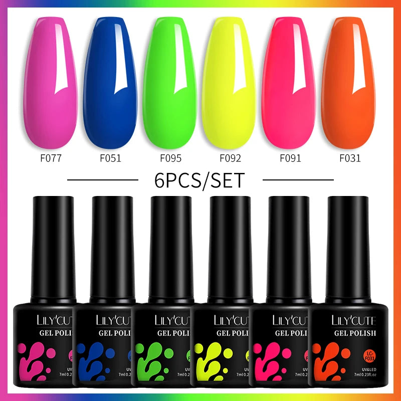 LILYCUTE 6PCS Gel Nail Polish Set Summer Neon Nail Gel Kits For DIY Nail Vernis Semi Permanent UV Lamp Gellak Nail Varnish Set