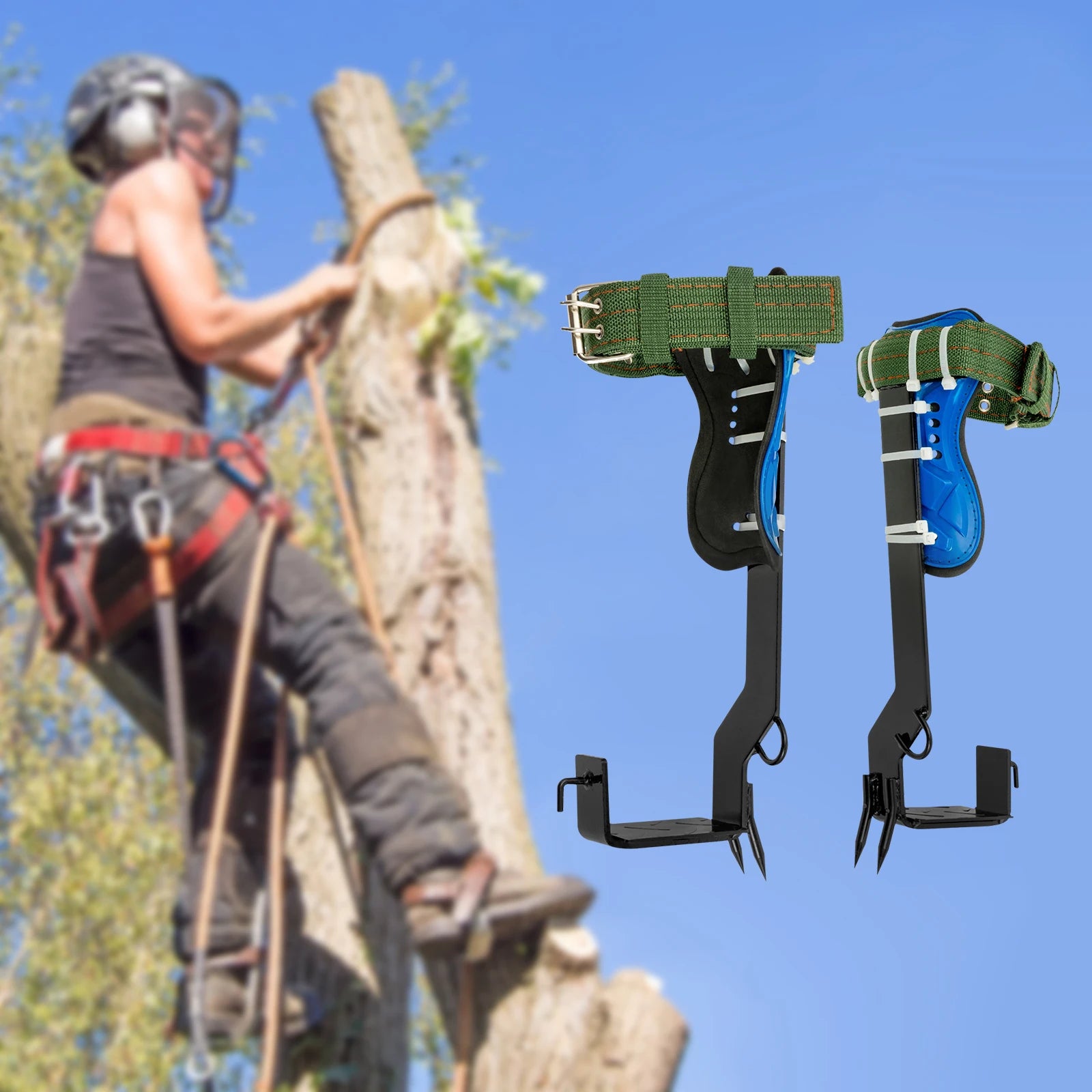 Tree Climbing Tools with Safety Belt 2M Rope 45# Steel Wide Foot Pedal Comfortable Kit for Fruit Picking, Jungle Survival, Black