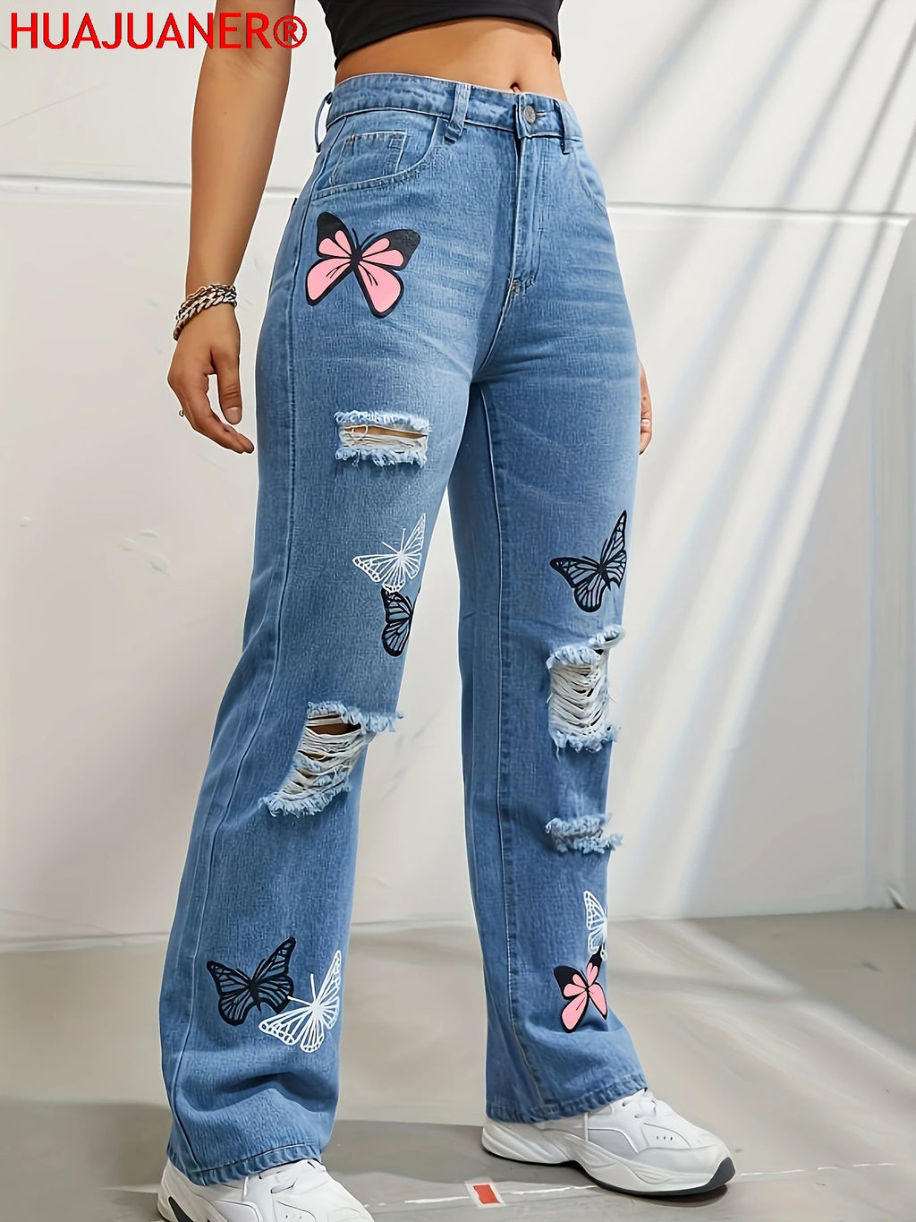 Butterfly Printing Denim Trousers Women Holes Jeans Straight Pants High Waist Loose Fit Vintage 2026 Casual Distressed Denims