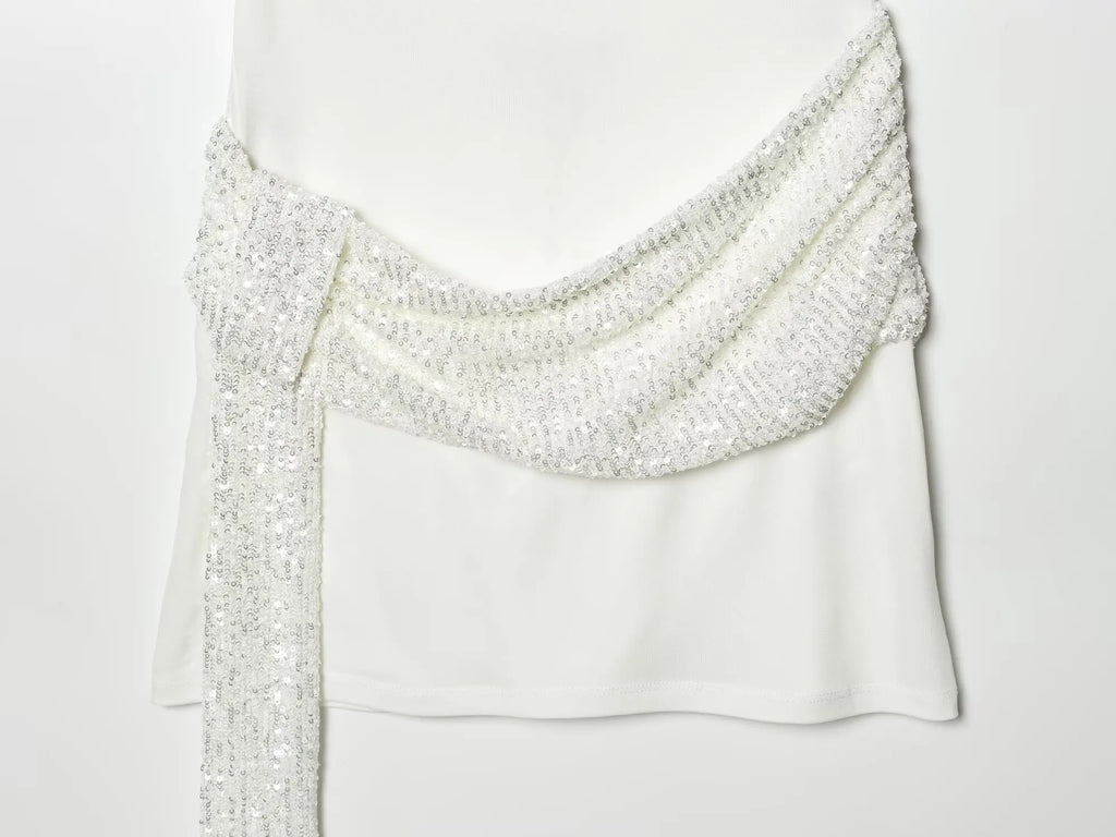 HH 2026 Women Elegant White Short-Sleeved Backless Sequined Splicing Decoration Sexy Short Dress Woman Fashion Party Mini Dress