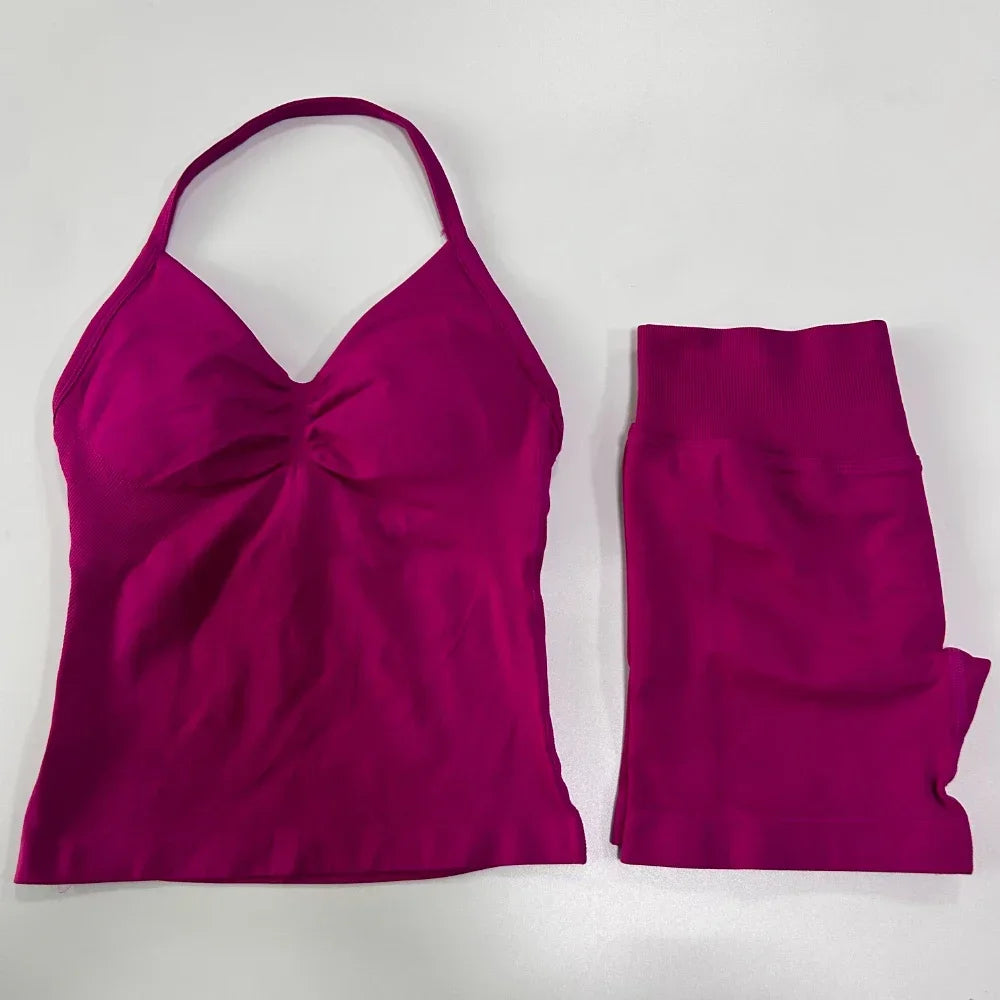 No Logo 2 Pieces Sports Set Women Backless Tank Tops High Waist Scrunch Seamless Shorts Gym Set Sportswear Workout Set Yoga