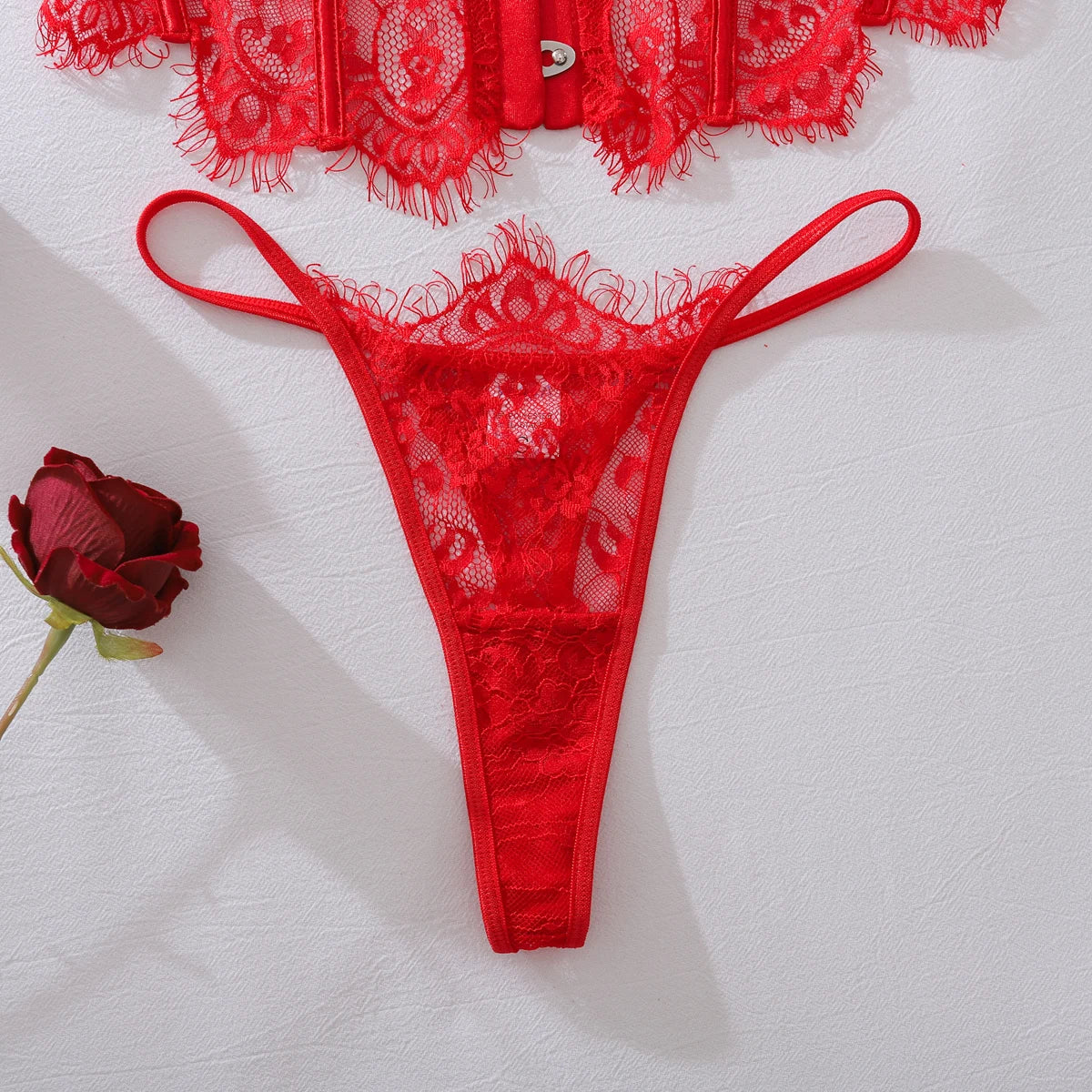 Ellolace Palace Women's Lingerie Sets Willowy Corset Thong 2PC Set Sexy Hot Strapless Lace Fancy Deep V-neck Women Underwear