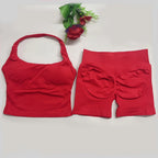 yoga outfits Women 2 pcs Sports DFNNYE Impact Set halterneck Backless Halter Top Seamless Scrunch Shorts Gym Workout Sports Suit