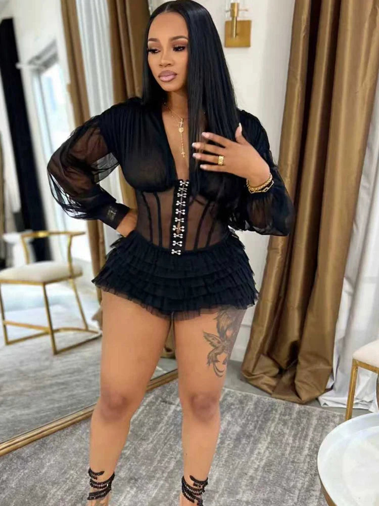 Beyprern Sexy Black Mesh Corset Jumpsuit Women Gothic Ruffle Layered Rompers Long Sleeve Sheer Bodysuit Nightclub Party Outfits Secondary image