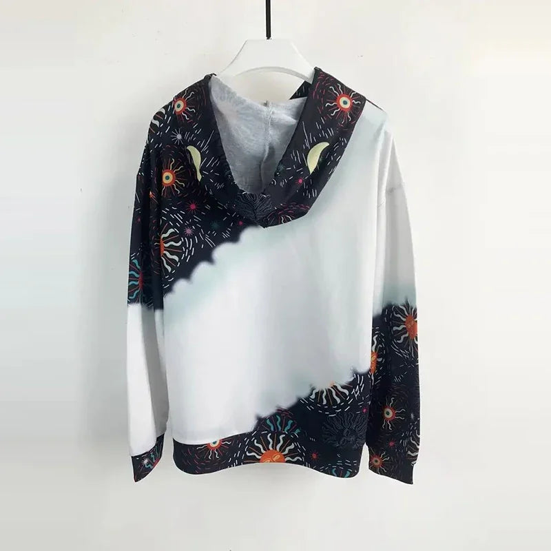 Moon Print Kangaroo Pocket Hoodie, Casual Long Sleeve Drawstring Hoodies Sweatshirt Women's Clothing