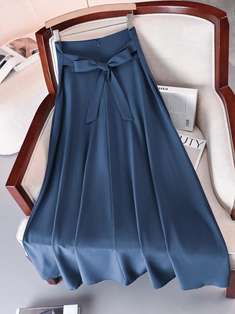 New In Dresses Solid Color A-line Skirts for Woman Clothing High Elastic Waist Long Skirt Women With Bow Elegant Women's Skirts Secondary image