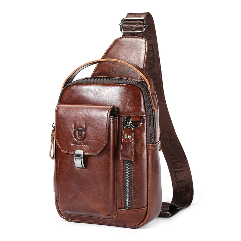 BULLCAPTAIN Men's Genuine Leather Chest Bag Casual Retro 7.9-inch Mobile Phone Bag Multifunctional Anti-Theft Crossbody Bag