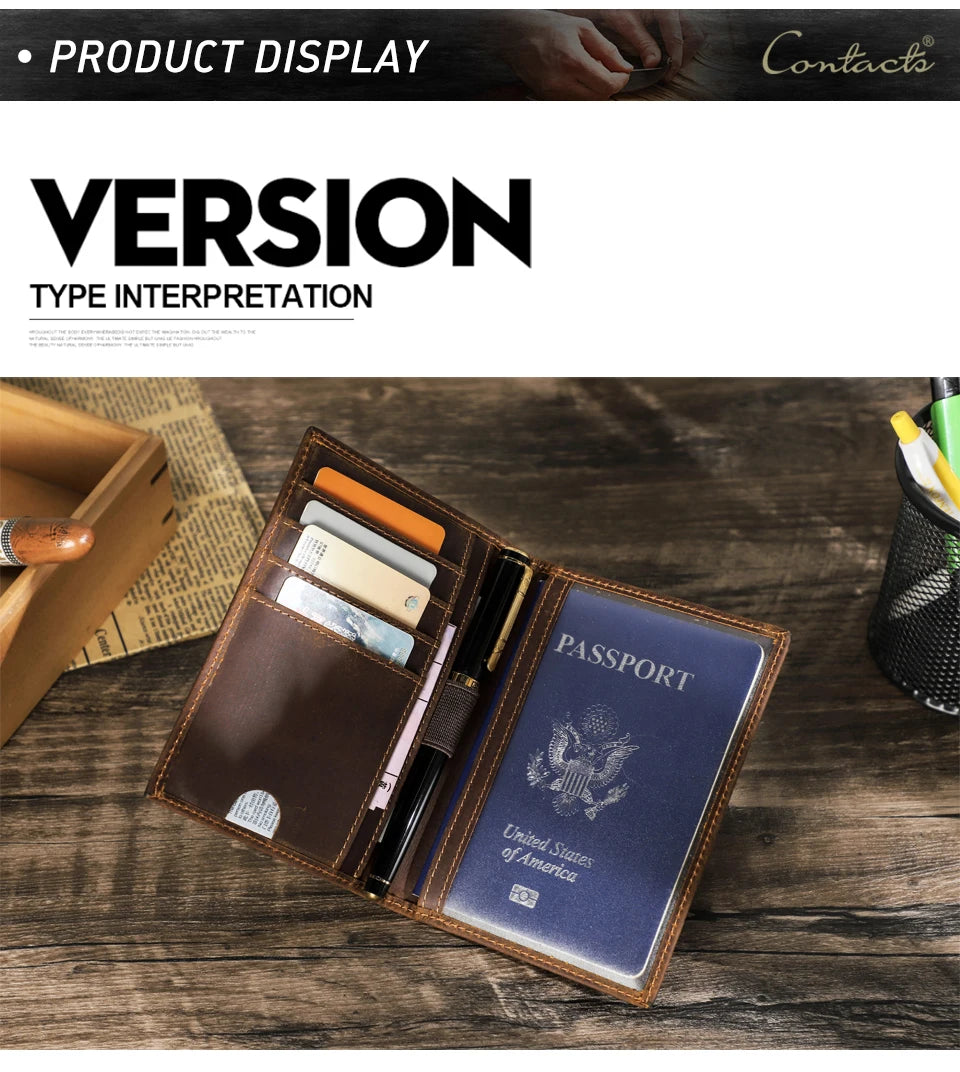 Retro Leather Passport Cover RFID Blocking For Cards Travel Passport Wallet Document Organizer Case With 1 Pen Holder Men Women