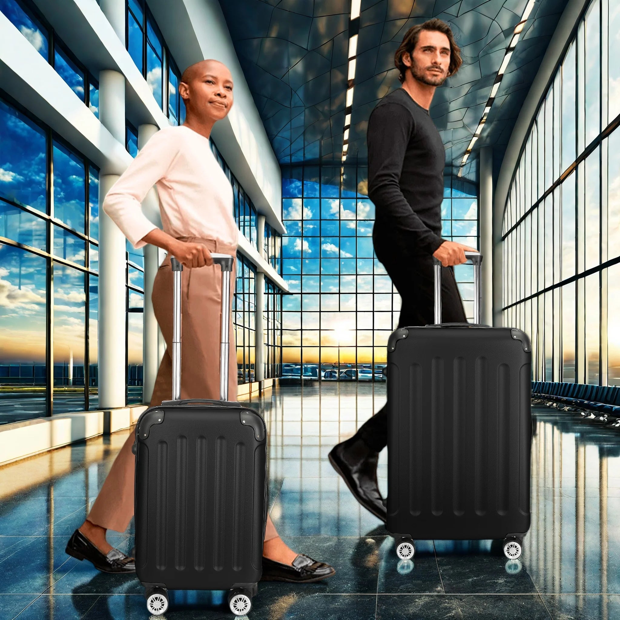Comanlai 3Pcs Rolling Luggage Sets, Black Hard-shell Suitcases, Classical Striped Design, with 360° Universal Wheels, TSA Lock and Telescopic Handle,  for Business Outdoor Travelling Secondary image