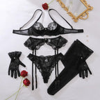Women's Floral Embroidery Lingerie Sets Romantic Honey Bra Belt Panty 3PC with Gloves Stockings Seductive Sweet Star Underwear