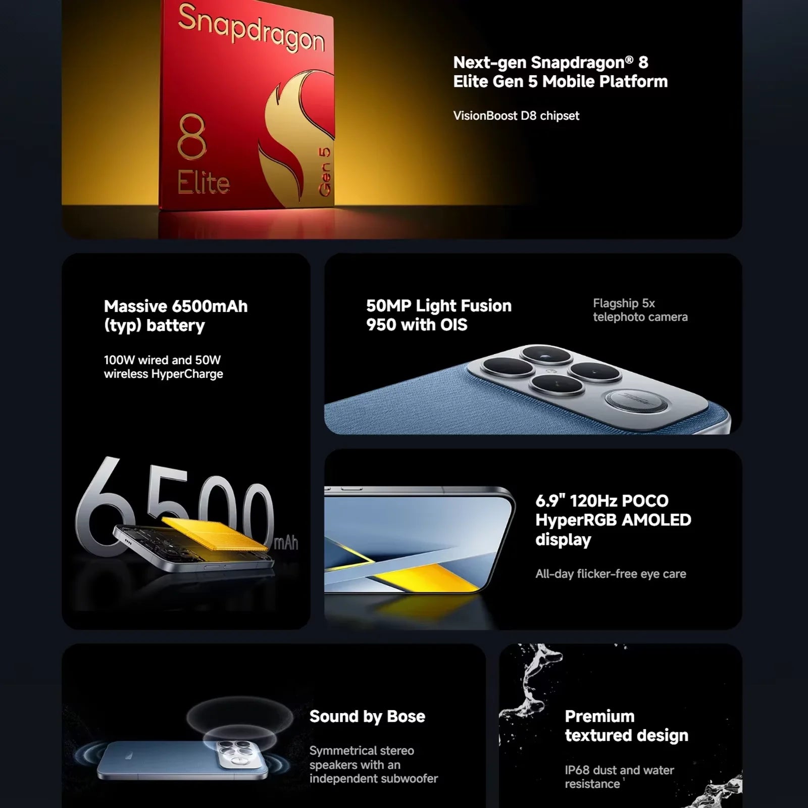 Global Version POCO F8 Ultra Snapdragon 8 Elite Gen 5 Smartphone 6.9" 120Hz AMOLED Display 6500mAh 100W Battery Xiaomi Telephone