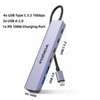 FORIDA USB Hub Type C 10Gbps USB C Splitter PD 100W Power Charging USB 3.2 Gen2 Adapter for Laptop MacBook Desktop Tablet