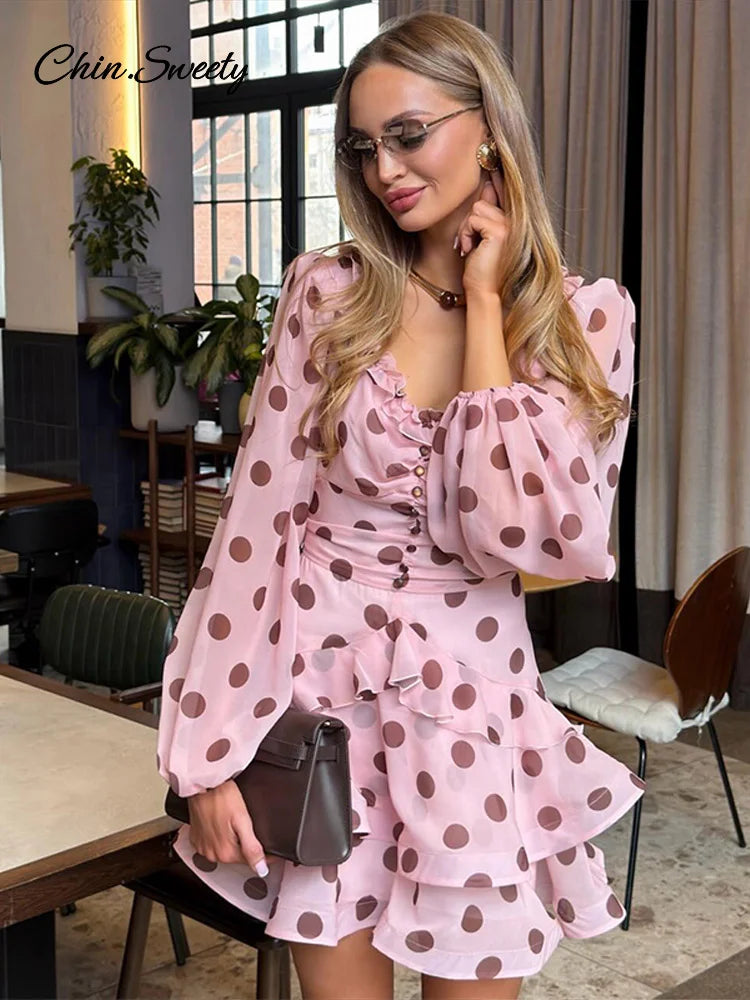 Elegant Polka Dots Casual Dress For Women Pink Ruffle Full Sleeve S Line Summer Dresses Lady New Fashion Street Robe 2026