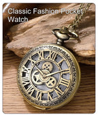 Antique Steampunk Vintage Roman Numerals Quartz Pocket Watch Bronze Case Necklace Pendant Clock Chain Mens Women