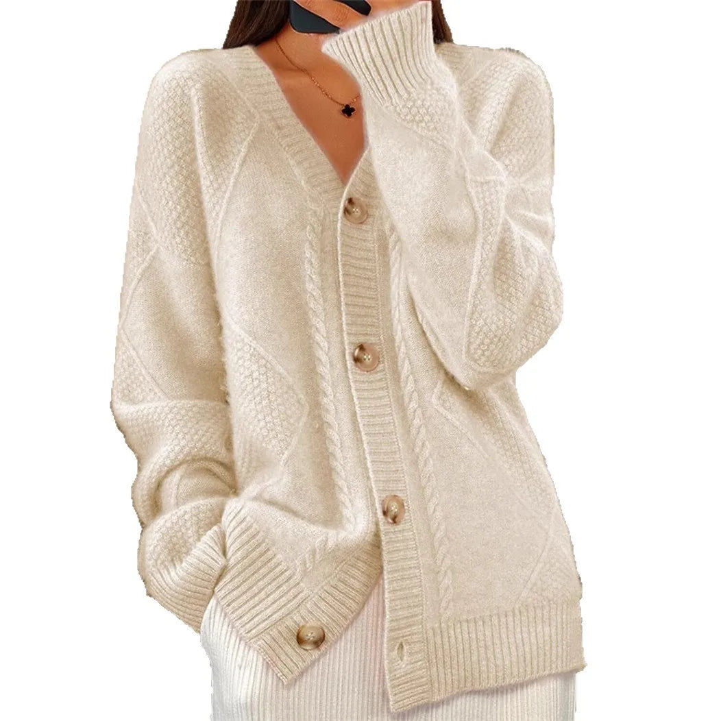 autumn and winter new solid color long sleeved V-neck knitted cardigan with breasted jacquard women's sweater