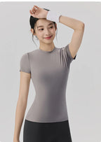 Spring and Summer Yoga Wear Short-sleeved Nude Tight-fitting Fitness Wear for Women Outdoor Running Training Sports T-shirt