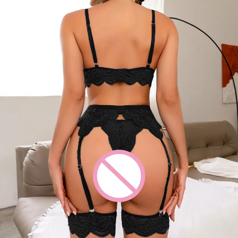Sexy Lingerie Sets Lace Garter Belt Ultra Thin Bra Thong Suit Blue Intimate Clothing Women Underwear Set With Leg Rings Panties