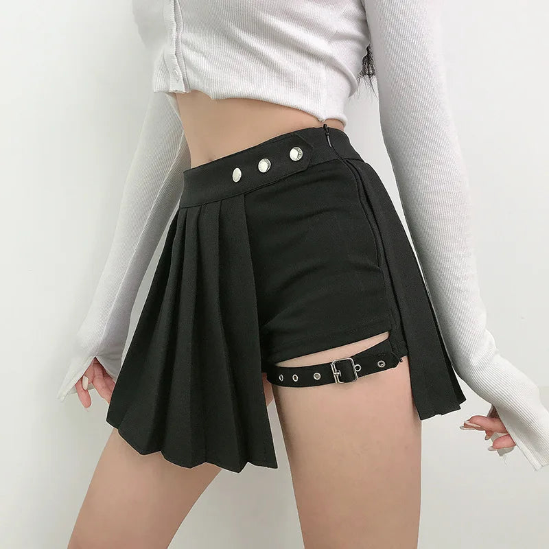 Pleated Girls Gothic Half Skirts Summer Harajuku Punk Style Plaid Irregular Skirts Women Asymmetrical High Waist Black Skirts Main image