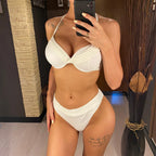 Wrinkled Halter Underwired Bikini Women Swimwear Female Swimsuit Two-pieces Bikini set Mid Waist Bather Bathing Suit Swim V5440