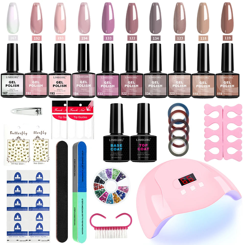 LIMEGIRL Gel Nail Polish Kit UV Soaking Gel Primer Polish Manicure Kit with UV LED Lamp Dryer Semi-Permanent Gel Varnish Kit