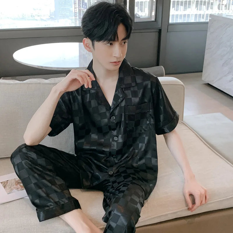 High Quality Pajamas Set Men Spring Autumn Thin Polyester Ice Silk Long-sleeved Sleepwear Plus Size Summer Home Clothes Male