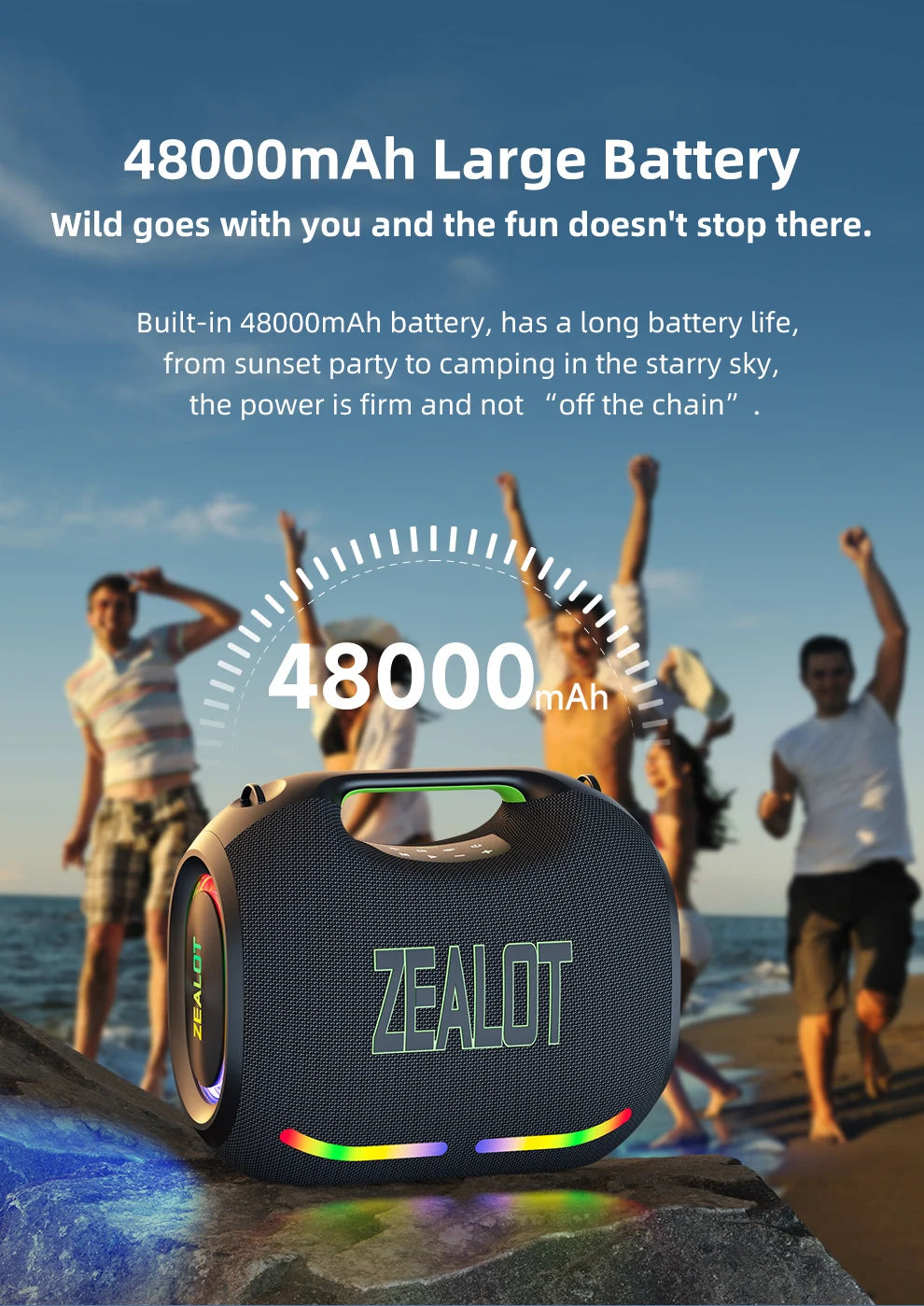 ZEALOT-ZE21 250W Portable Bluetooth Speaker High Volume Waterproof 48000mAh Wireless TWS Subwoofer Suporrt USB/TF/AUX RGB light