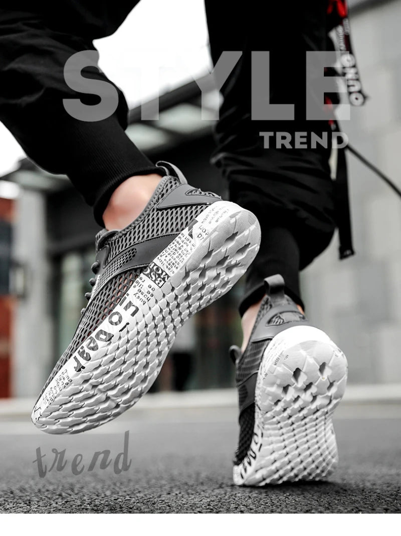 Summer Mens Black Hollow Mesh Sneakers Fashion Breathable Lightweight Casual Walking Shoes Printed Sole Outdoor Sports Footwear