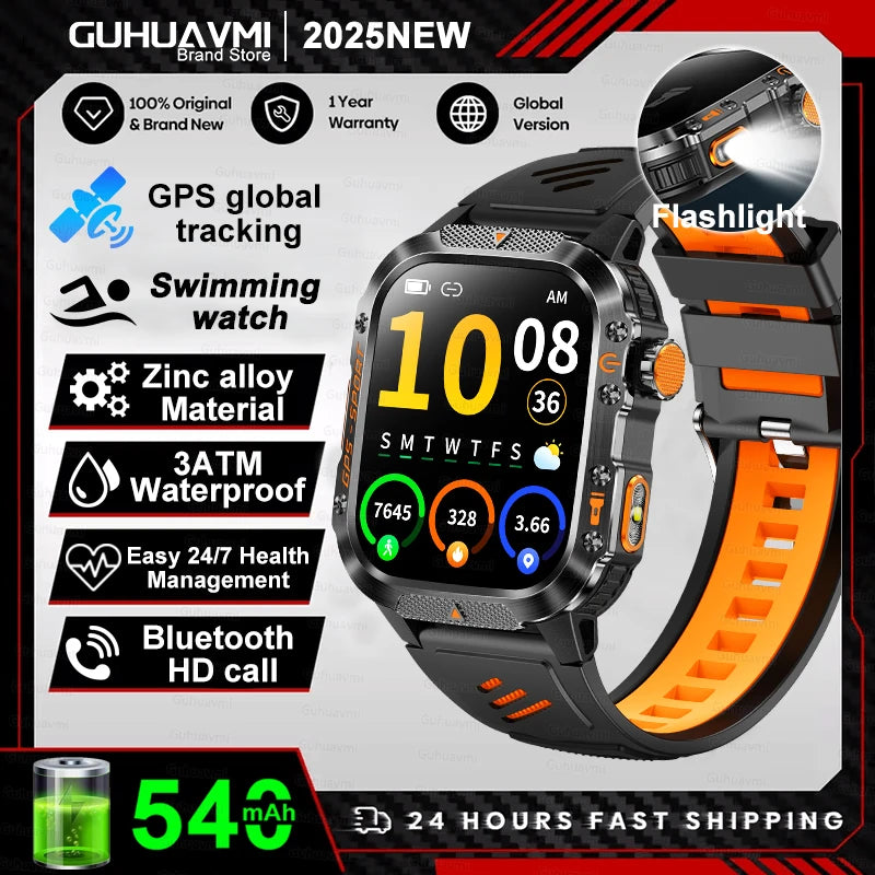 2025New GPS Smart Watch For Xiaomi IOS Military Compass Flashlight Smartwatch Men 10ATM Waterproof 100+Sport Modes BT Call Watch