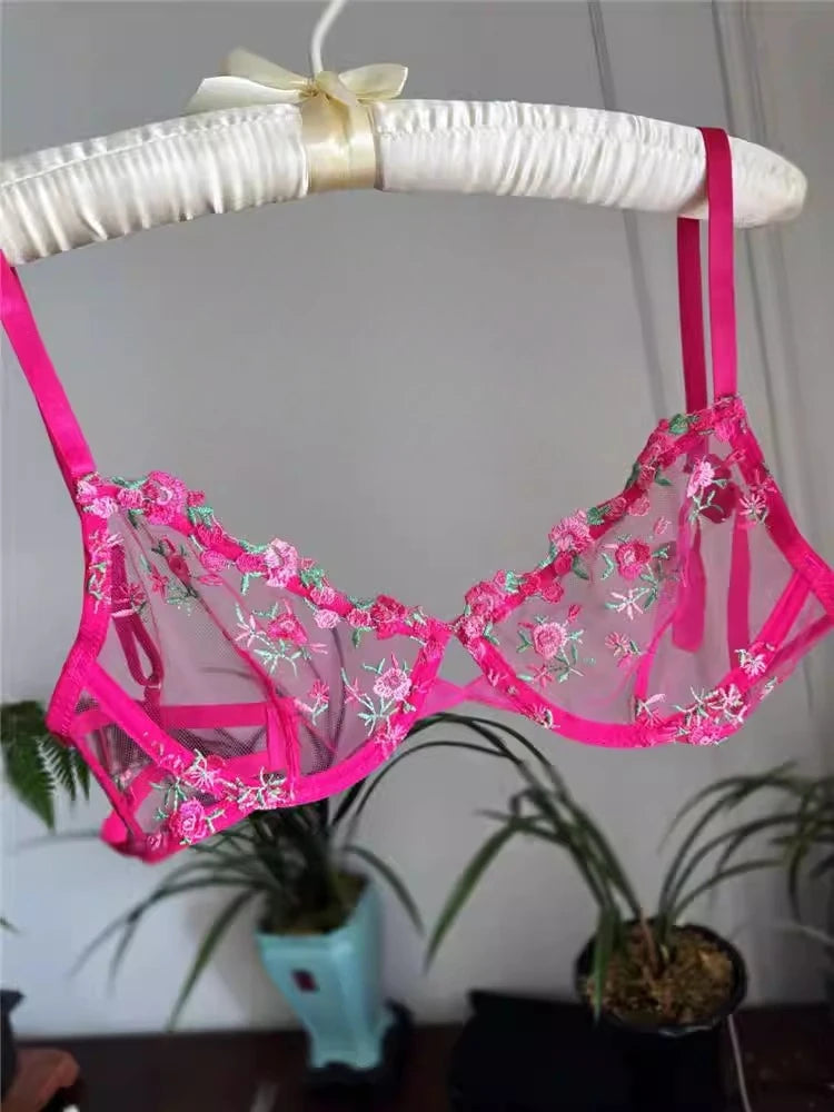 YUQI French Luxury Lingerie Set - Sexy Floral Embroidery Black Bra & Panty Set, Sheer Transparent Seductive Women's Intimates
