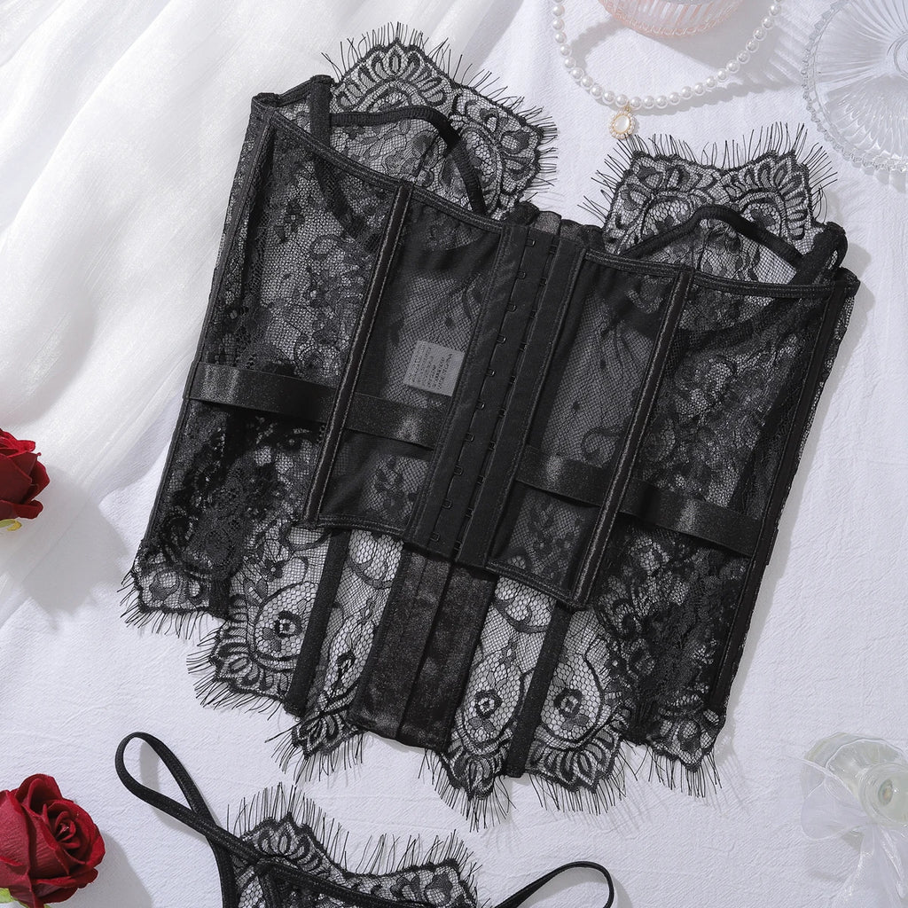 Ellolace Palace Women's Lingerie Sets Willowy Corset Thong 2PC Set Sexy Hot Strapless Lace Fancy Deep V-neck Women Underwear