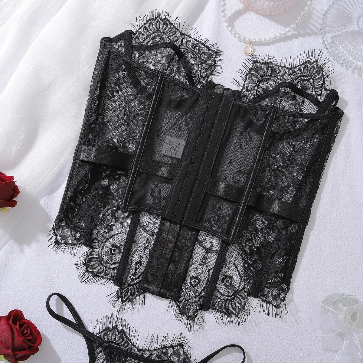 Ellolace Palace Women's Lingerie Sets Willowy Corset Thong 2PC Set Sexy Hot Strapless Lace Fancy Deep V-neck Women Underwear