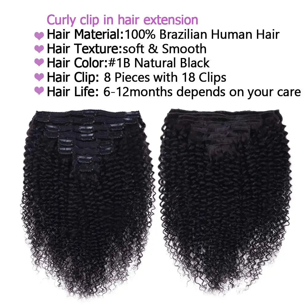 Curly Clip In Extension Human Hair Kinky Curly Clip Ins Full Head for Black Women Brazilian Remy Human Hair Natural Color 8Pcs