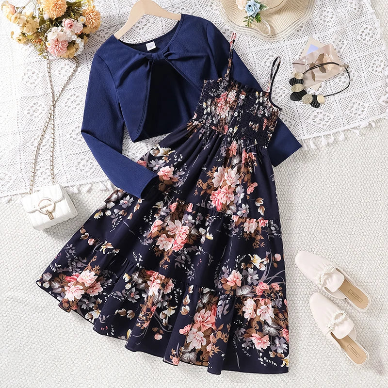 Kid Girl Long Sleeve Bow Design Coat & Beige All Print Shirred-Bodice Sling Dress Set Cute Sweet Elegant Princess Dress For Kids