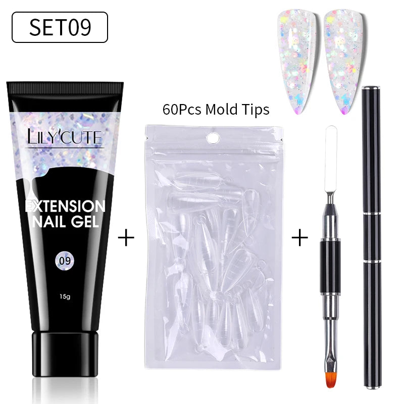 LILYCUTE 15ml Extension Gel Nail Polish Set Quick Nail Prolong With Extend Mold Nail Tips Acrylic Solution Manicure Tools Kit