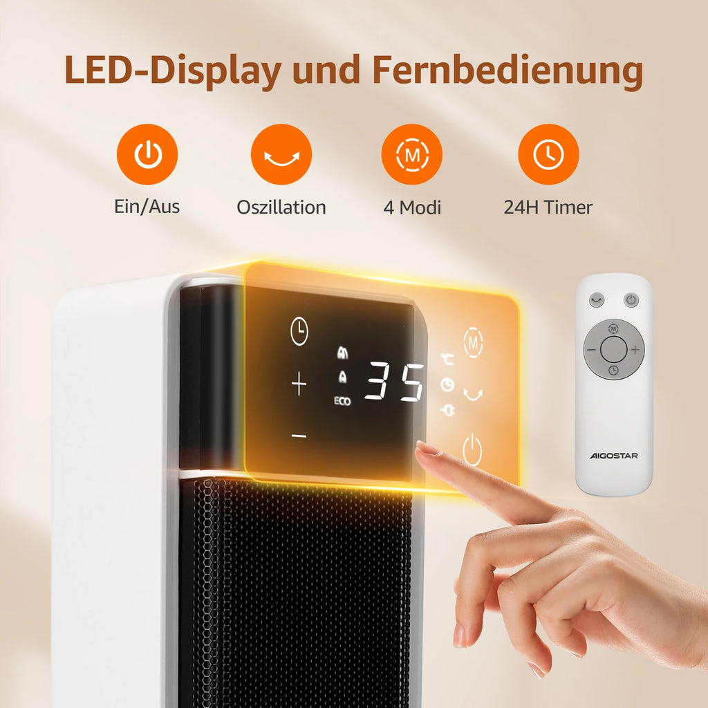 Aigostar Energy-Saving Fan Heater with Thermostat, 2000W PTC Ceramic Fan Heater with Remote Control, 70° Oscillation, 4 Modes