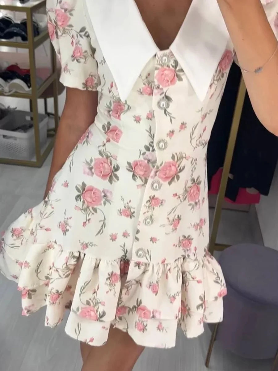 Tossy Printed Lapel Fashion Mini Dress Women's Short Sleeve Patchwork Contrast Elegant Summer Dress 2025 Female Bodycon Dress