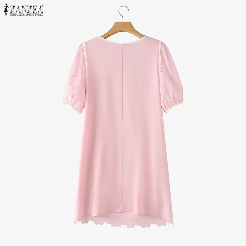 ZANZEA Summer Women's Openwork Embroidered Dresses O-Neck Half Puff Sleeve Contrast-Trim Knee-Length Dress Casual A-Line Robes
