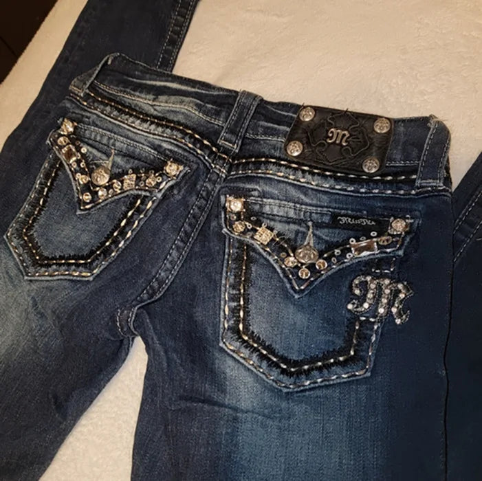 Low Waist Diamond Embroidery Slim Fit Harajuku Style Denim Jeans Trendy Streetwear for Hot Girls Cross-Border Fashion Secondary image