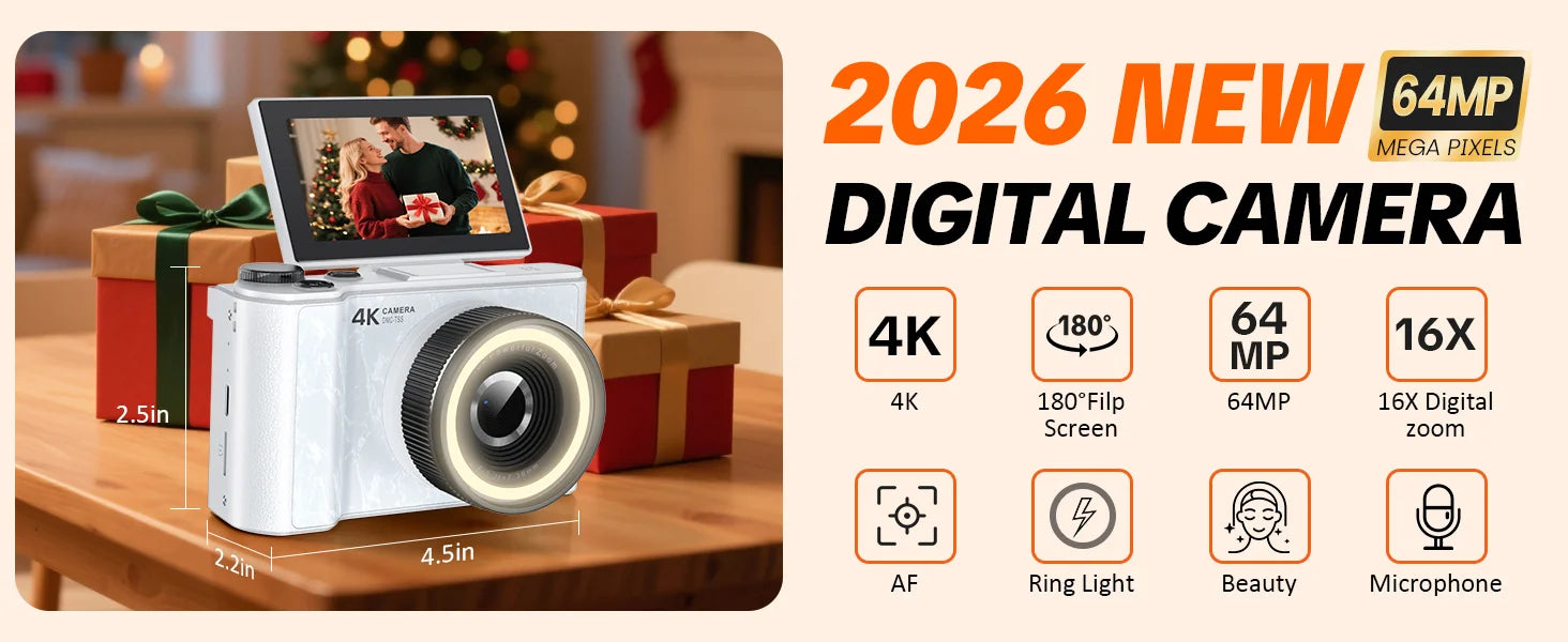 4K Vlogging Camera, 180° Flip Screen, Ring Light & Beauty Mode, Digital Camera for Beginners, 32G SD Card Included, Xmas Gift
