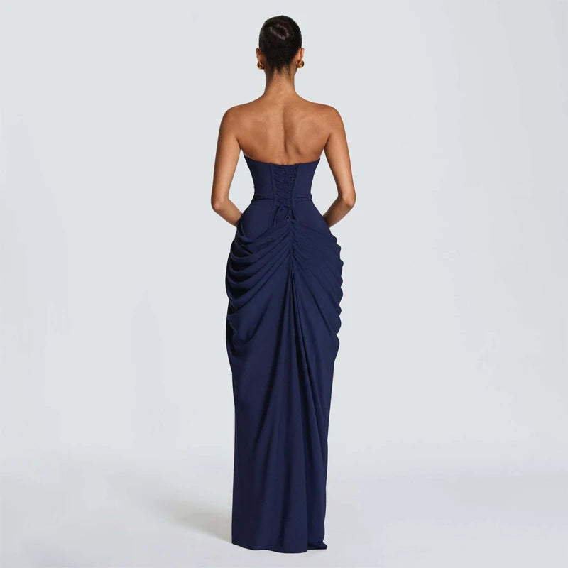 Women Solid Pleated Sexy Strapless Dress Lady Chic Off-shoulder Backless High Waist Split Dresses 2026 New Evening Party Gown