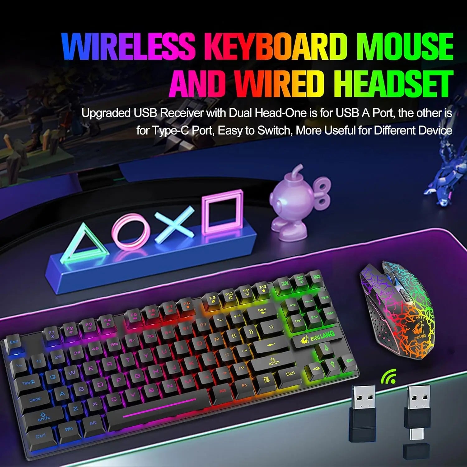 T87 Wireless Keyboard Mouse Set, Rainbow Backlit 2.4G Rechargeable Gaming Keyboard 2400DPI Optical Gaming Mouse with Mouse Pad Main image