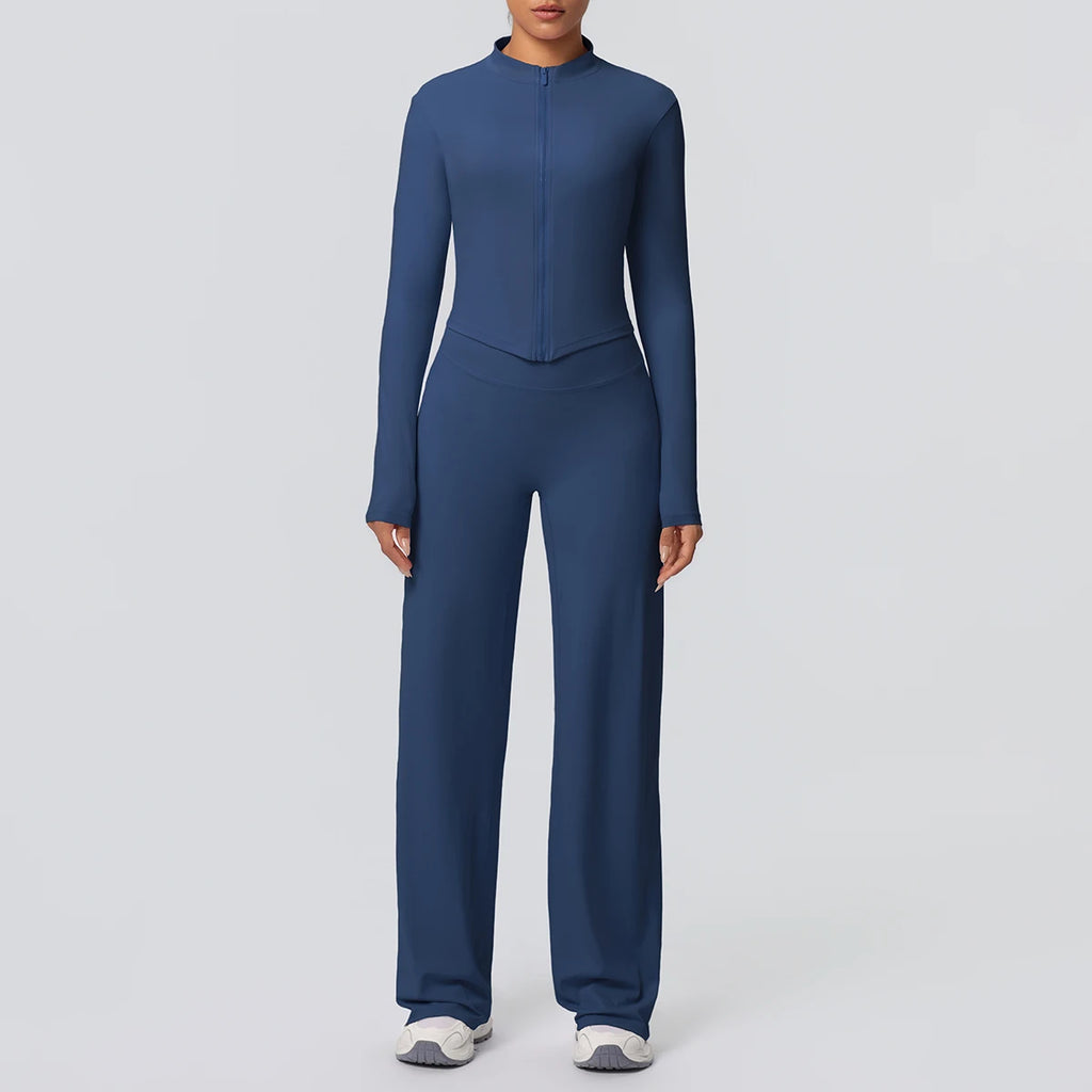 2pieces Quick Drying Sports Fitness Clothing Yoga Set Women Yoga Zipper Long Dleeves High Waisted Breathable Wide Leg Pants Set