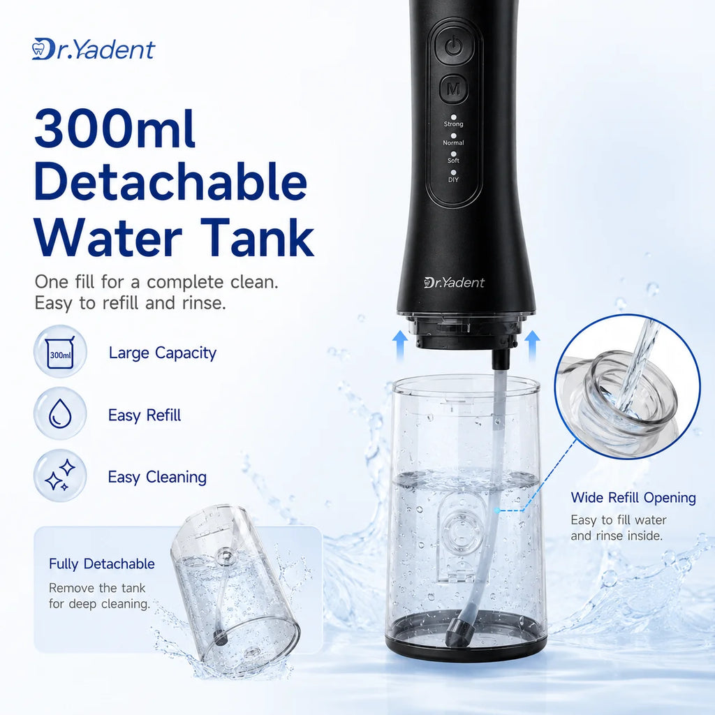 Dr.Yadent YD06 Cordless Oral Irrigator WaterFlosser 300ML Portable Water Jet USB-C Fast Charge 7 Nozzles 4 Modes IPX7 Waterproof
