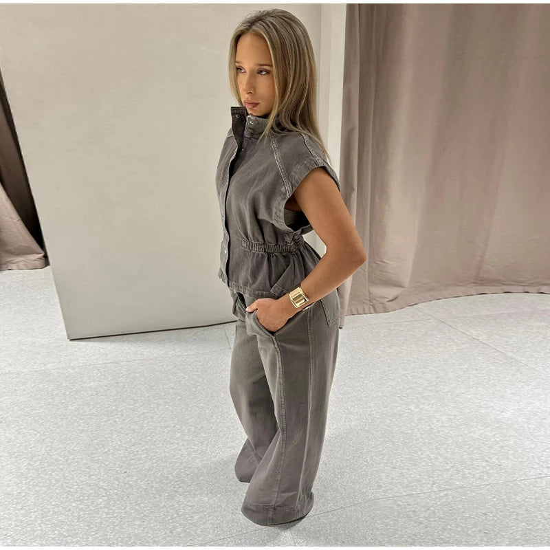 Denim Vest Loose Long Pants Woman Set High Neck Single Breasted Waist Cinched Tops High Waist Trousers Chic Casual Lady New Sets