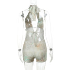 GlamGaze Halter Neck Keyhole Tie Dye Romper For Women Deep V Bodycon Shorts Jumpsuit Party Club Casual Daily Streetwear Outfit
