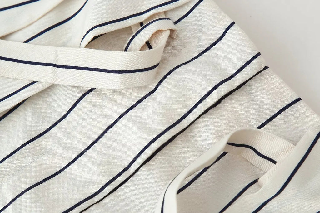 HH Women Spring New Fashion Vintage Versatile Beige Striped Puffy Sleeve Shirt+High Waisted Loose Pleated Casual Long Pants Set