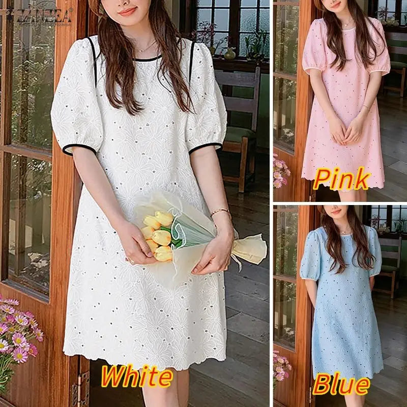 ZANZEA Summer Women's Openwork Embroidered Dresses O-Neck Half Puff Sleeve Contrast-Trim Knee-Length Dress Casual A-Line Robes