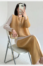 Khaki Beige Pleated Crew Neck Button Vest & Pleated Color Block Skirt Set Drapey Co-ord Set Minimalist Chic Trendy Daily 2026