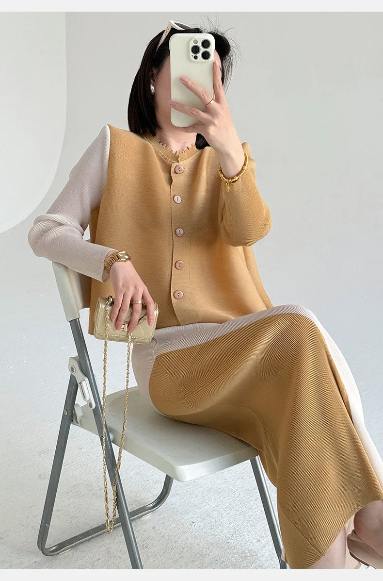 Khaki Beige Pleated Crew Neck Button Vest & Pleated Color Block Skirt Set Drapey Co-ord Set Minimalist Chic Trendy Daily 2026
